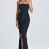 Vestido largo tipo corsé con volantes y escote bandeau Tallullah en negro
