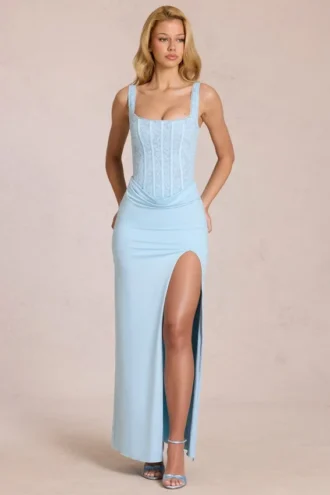 Vestido largo tipo corsé de encaje Zalia en azul claro