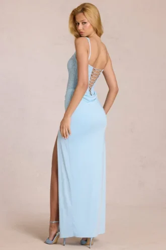 Vestido largo tipo corsé de encaje Zalia en azul claro
