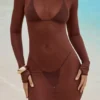 Vestido largo transparente con espalda abierta Naura en marrón chocolate