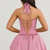 Vestido micro corto con corsé, cuello halter y bajo abullonado con cordones Ludmila en malva