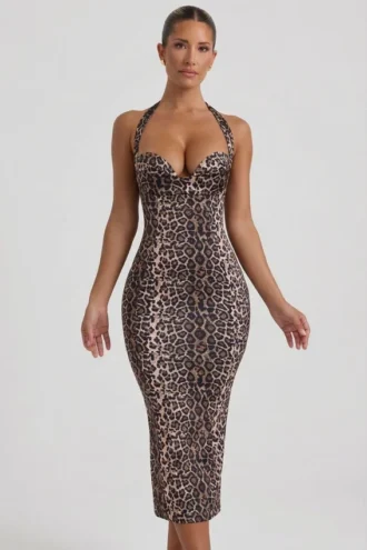 Vestido midi ajustado con cuello halter y capas Ismay en estampado de leopardo