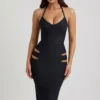 Vestido midi ajustado con escote halter y aberturas Nika en negro
