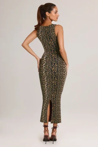 Vestido midi ajustado de cuello cuadrado Ainslee en modal con estampado de leopardo