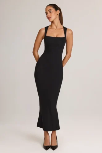 Vestido midi ajustado de cuello cuadrado Ainslee Modal en negro