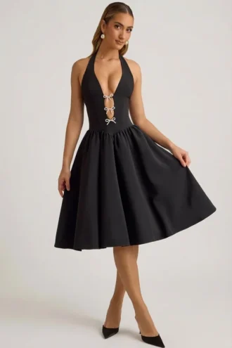 Vestido midi Angelina con cuello halter y lazo en negro