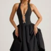 Vestido midi Angelina con cuello halter y lazo en negro