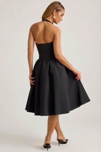 Vestido midi Angelina con cuello halter y lazo en negro