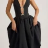 Vestido midi Angelina con cuello halter y lazo en negro