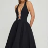 Vestido midi Angelina con cuello halter y lazo en negro