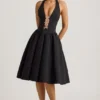 Vestido midi Angelina con cuello halter y lazo en negro