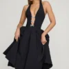Vestido midi Angelina con cuello halter y lazo en negro