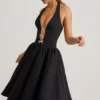 Vestido midi Angelina con cuello halter y lazo en negro