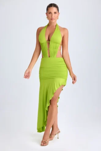 Vestido midi asimétrico con escote halter y aberturas Manami en verde lima