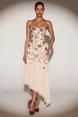 Vestido midi asimétrico Zelina con escote redondeado y adornos en dorado