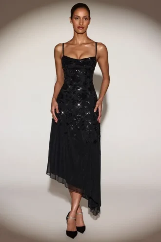 Vestido midi asimétrico Zelina con escote redondeado y adornos en negro