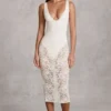 Vestido midi-axo Caia de encaje transparente con escote pronunciado y flecos en blanco