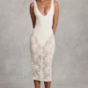 Vestido midi-axo Caia de encaje transparente con escote pronunciado y flecos en blanco