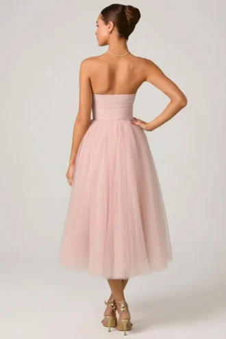 Vestido midi-axo de tul con corsé Cindy en rosa empolvado