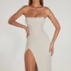 Vestido midi bandeau con cuello cowl y adornos Verbier en color marfil