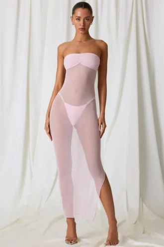 Vestido midi bandeau fruncido Papeete en rosa suave