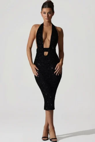 Vestido midi con aberturas y espalda abierta Harlyn en negro