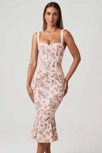 Vestido midi con cola de pez y detalle de sujetador en capas Valentina con estampado floral Primrose