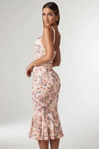 Vestido midi con cola de pez y detalle de sujetador en capas Valentina con estampado floral Primrose