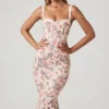 Vestido midi con cola de pez y detalle de sujetador en capas Valentina con estampado floral Primrose