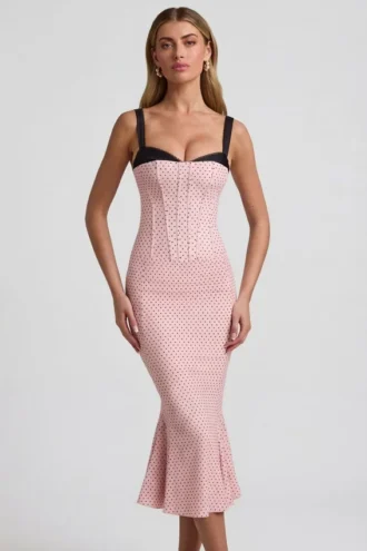 Vestido midi con cola de pez y detalle de sujetador en capas Valentina en rosa con lunares