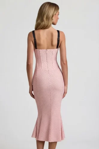 Vestido midi con cola de pez y detalle de sujetador en capas Valentina en rosa con lunares