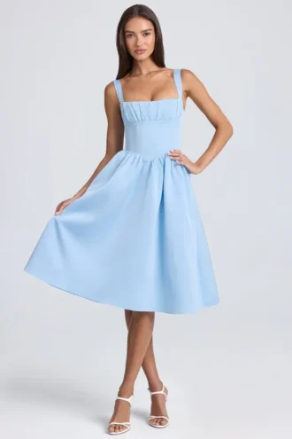 Vestido midi con corsé drapeado Marguerite en azul claro