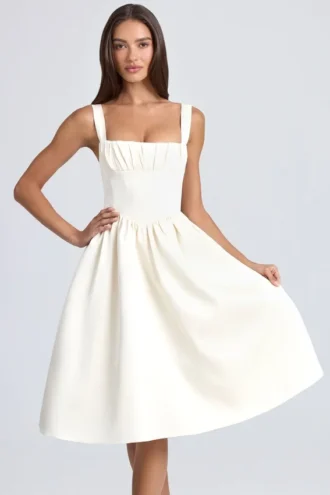Vestido midi con corsé drapeado Marguerite en color marfil