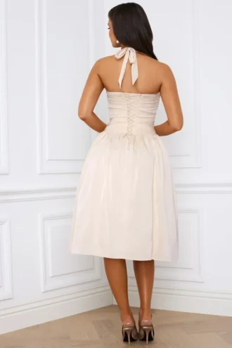 Vestido midi con corsé fruncido y lazo al cuello Amelie en color marfil