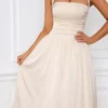 Vestido midi con corsé fruncido y lazo al cuello Amelie en color marfil