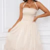Vestido midi con corsé fruncido y lazo al cuello Amelie en color marfil