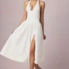 Vestido midi con cuello halter de modal y bordado inglés Farrah en blanco
