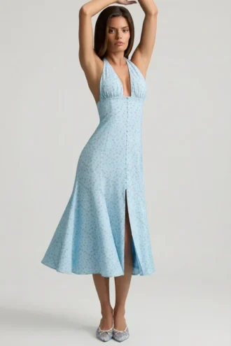 Vestido midi con cuello halter Elonia con estampado floral azul
