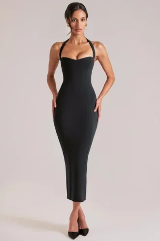 Vestido midi con cuello halter Landen en negro