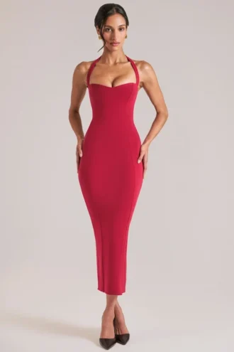 Vestido midi con cuello halter Landen en rojo cereza