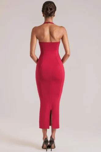 Vestido midi con cuello halter Landen en rojo cereza