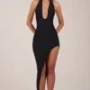 Vestido midi con cuello halter y abertura en el bajo de Storie en negro