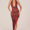 Vestido midi con cuello halter y abertura en el dobladillo de Storie, con estampado de leopardo rosa