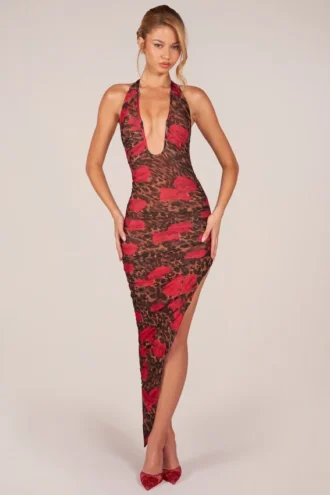 Vestido midi con cuello halter y abertura en el dobladillo de Storie, con estampado de leopardo rosa