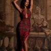 Vestido midi con cuello halter y abertura en el dobladillo de Storie, con estampado de leopardo rosa