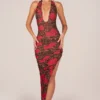 Vestido midi con cuello halter y abertura en el dobladillo de Storie, con estampado de leopardo rosa