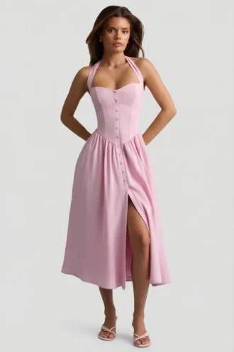 Vestido midi con cuello halter y detalles de botones Orlena en rosa suave