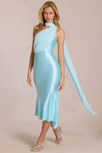 Vestido midi con detalle de pañuelo Giada en azul aguamarina suave