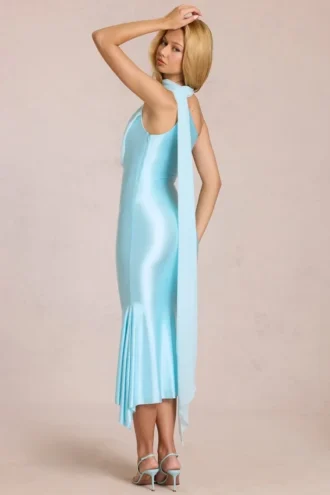 Vestido midi con detalle de pañuelo Giada en azul aguamarina suave