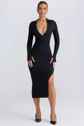 Vestido midi con escote en V profundo Yael en modal negro